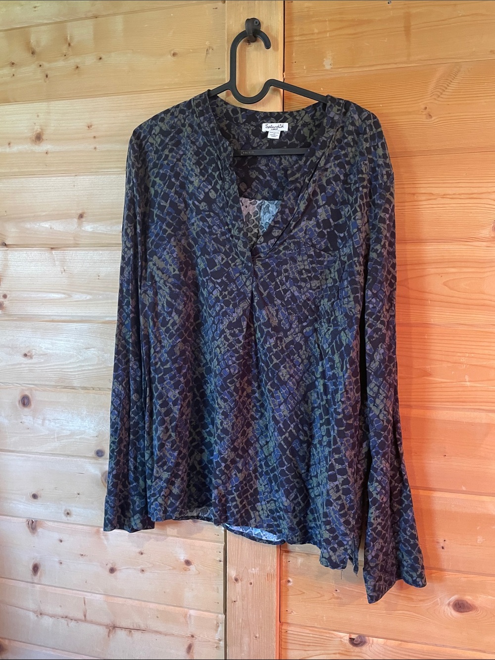 Splendid Black and Olive Printed Long-Sleeve V-Neck Blouse